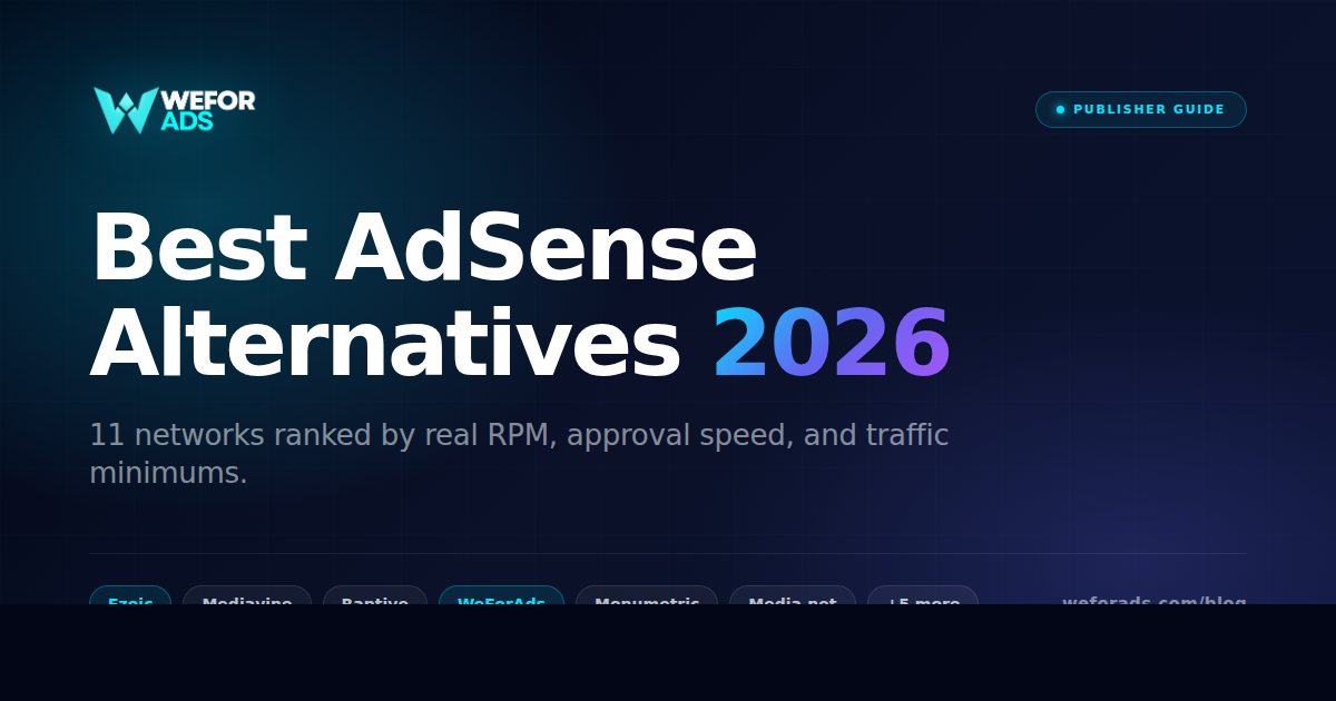 Best AdSense alternatives 2026 ranked — comparison of Ezoic, WeForAds, Mediavine, Raptive, Monumetric, Media.net and more publisher ad networks