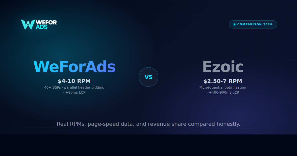 WeForAds vs Ezoic 2026 comparison — RPM, page speed, revenue share, traffic minimums for publishers